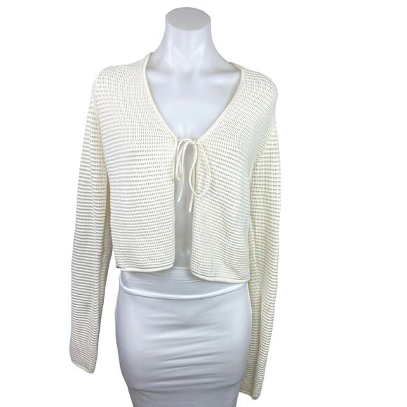 Frame White Open Knit Crochet Tie Front Long Sleeve Cardigan Sweater Top Size XL - Picture 1 of 5